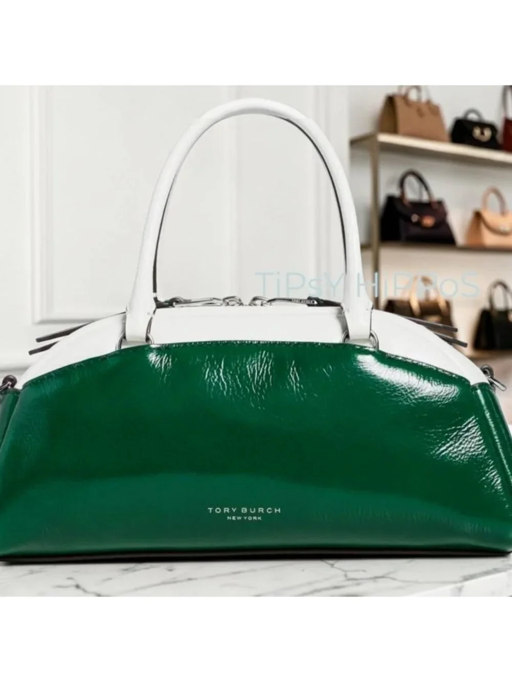 NEW!!! TORY BURCH GREEN AND WHITE Racer Colorblock Small Satchel/Crossbody 623A1